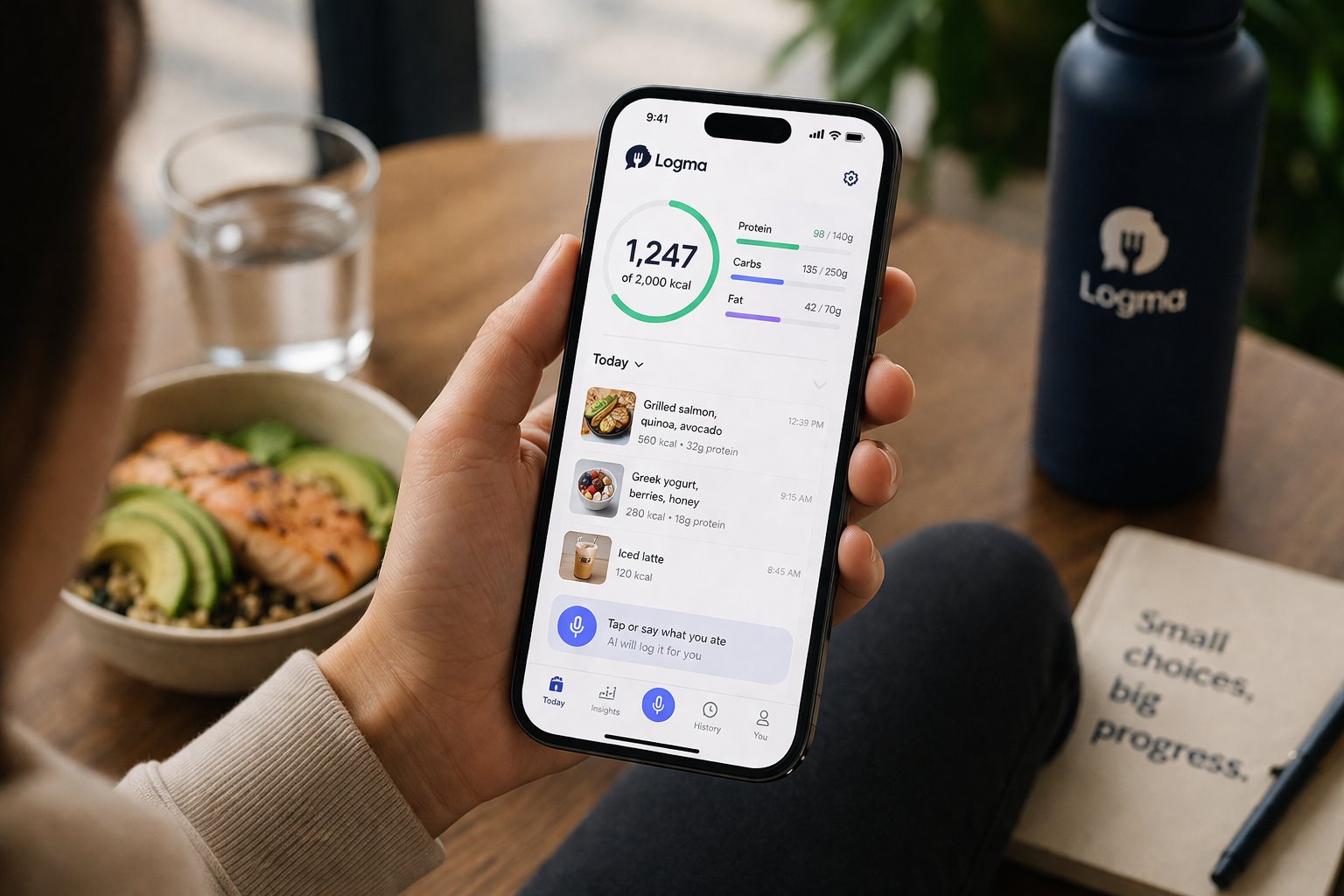 Logma app on iPhone showing a healthy meal log